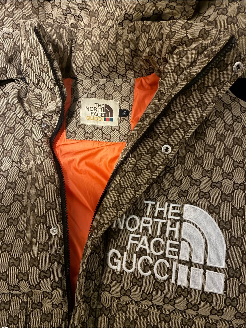 Gucci x The North Face Monogram Brown Jacket with Orange Lining